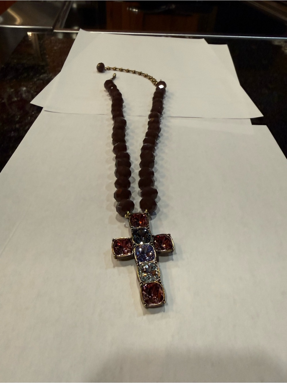 Heidi Daus Purple Beaded Necklace with Multi-Gem Cross Pendant